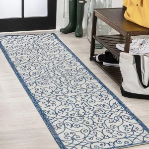 JONATHAN Y SMB107F-28 Madrid Vintage Filigree Textured Weave Indoor Outdoor Runner Rug, Classic, Traditional, Transitional Easy Cleaning,Bedroom,Kitchen,Backyard,Patio,Non Shedding, Cream/Blue, 2 X 8