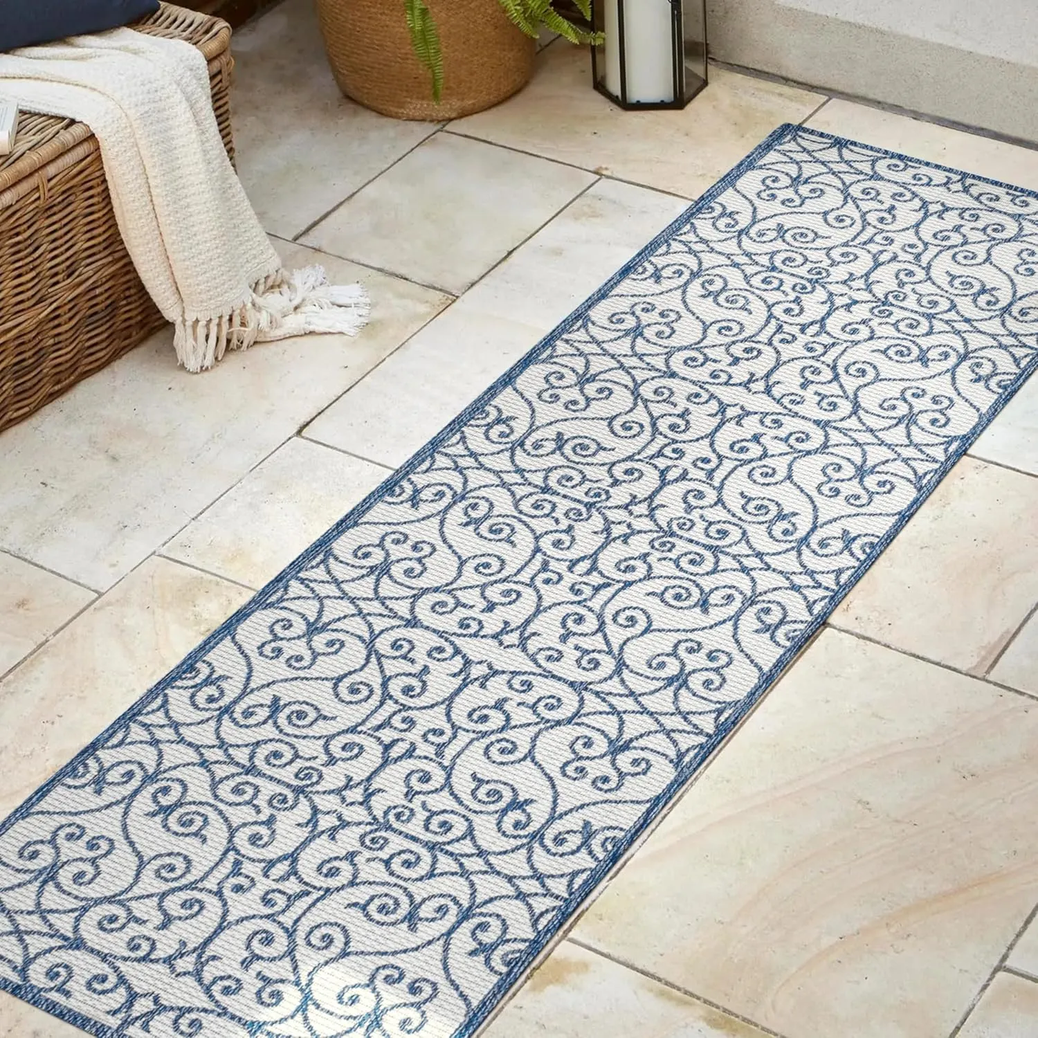 JONATHAN Y SMB107F-28 Madrid Vintage Filigree Textured Weave Indoor Outdoor Runner Rug, Classic, Traditional, Transitional Easy Cleaning,Bedroom,Kitchen,Backyard,Patio,Non Shedding, Cream/Blue, 2 X 8