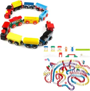 Joqutoys Wooden Dominoes Train Set for Kids, Magnetic Train Cars with Domino Building Blocks
