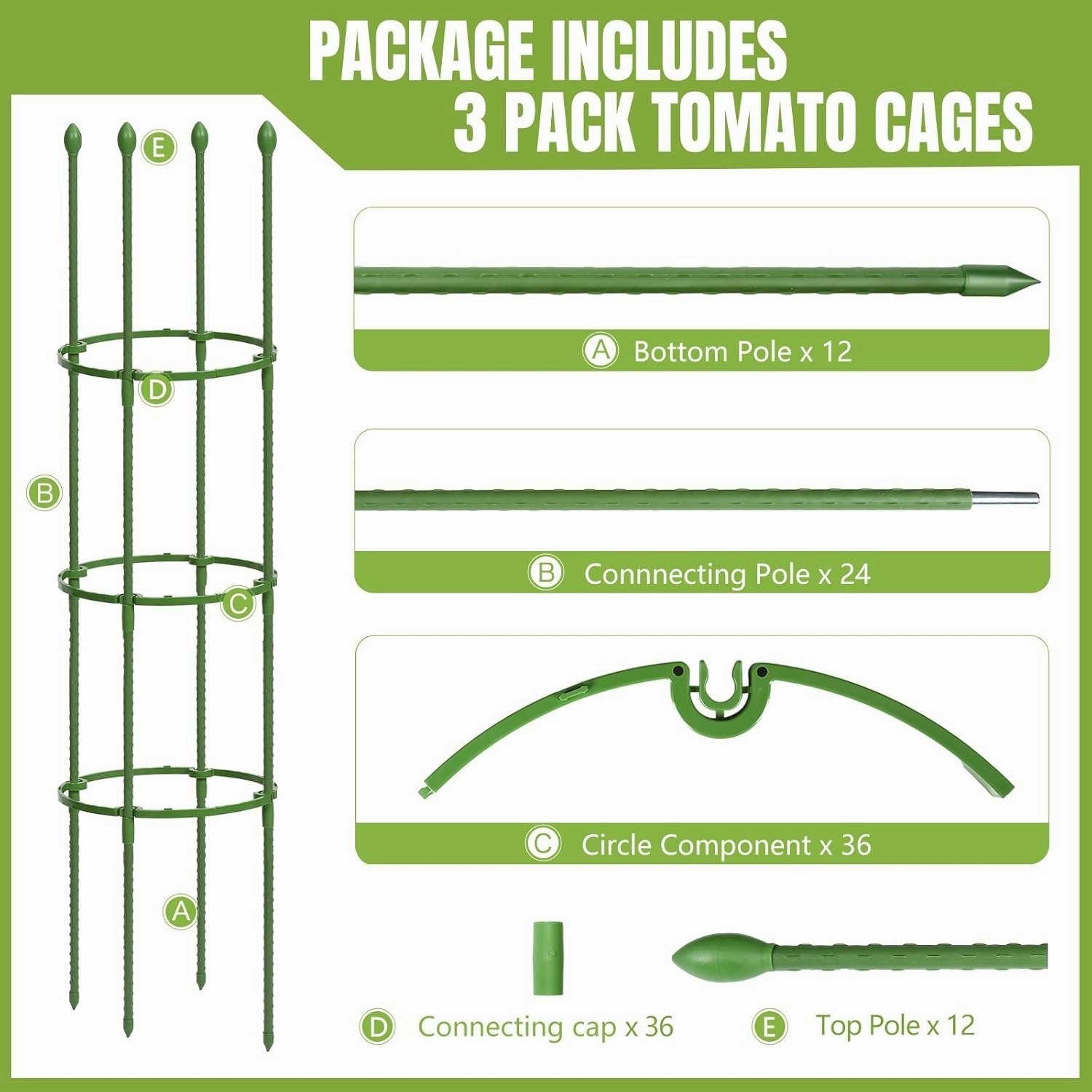 joyhalo 3 Pack Tomato Cages for Garden, Up to 59 Inch Heavy-Duty Tomato Trellis, Height Adjustable Garden Trellis for Climbing Plants Outdoor Vegetables Flowers Cucumber Peony