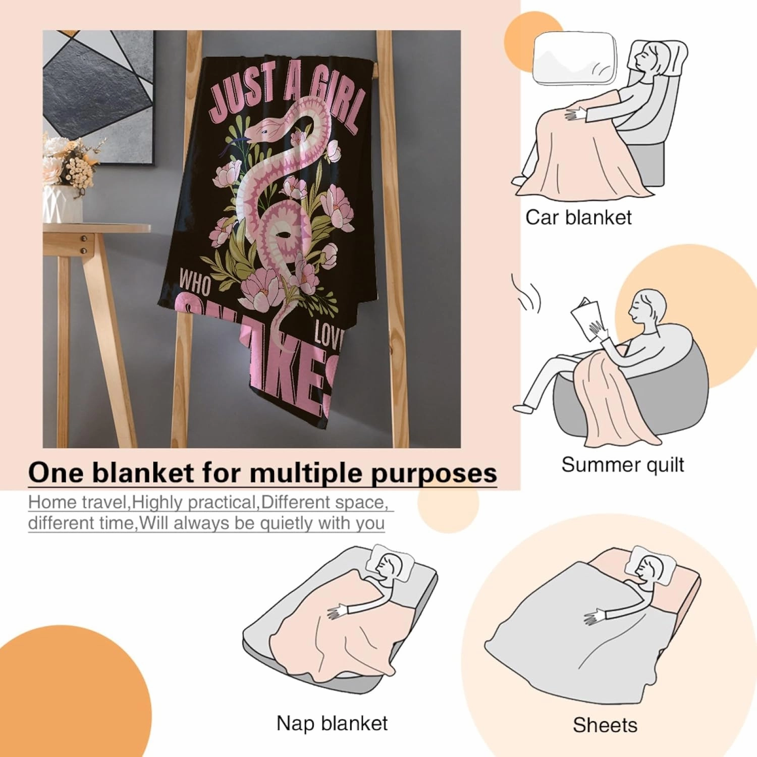 Just A Girl Loves Snakes Blanket Lightweight Cozy Flannel Fleece Throw Blanket Best Gift Home Decor for Bed Couch Outdoor Camping 60"x50" M for Teens