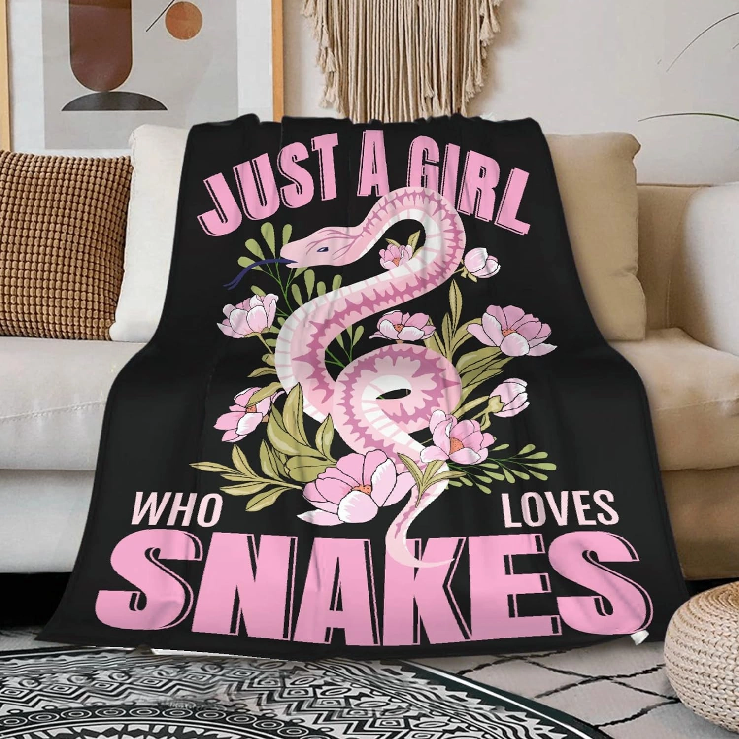 Just A Girl Loves Snakes Blanket Lightweight Cozy Flannel Fleece Throw Blanket Best Gift Home Decor for Bed Couch Outdoor Camping 60"x50" M for Teens