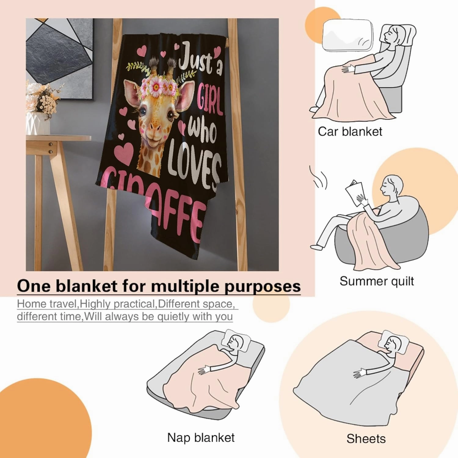 Just A Girl Who Loves Giraffes Blanket Lightweight Cozy Flannel Fleece Throw Blanket Best Gift Home Decor for Bed Couch Outdoor Camping 50"x40" S for Kids