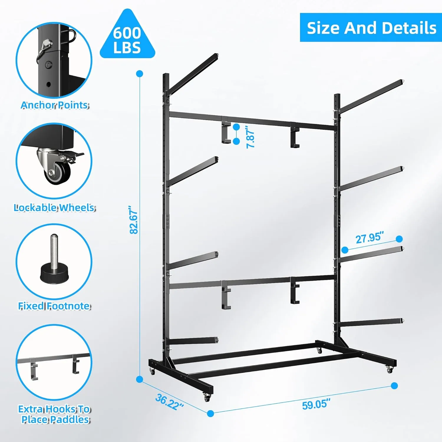 Kayak Storage Rack,kayak racks for outdoor storage,Freestanding Kayak Stand with Wheels,4 Adjustable kayak Storage Rack for Indoor,Outdoor,Garage,Shed,Dock,Black