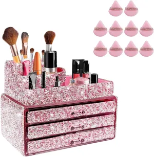 KEYPOWER Makeup Organizers Drawer Bling Diamond 2 Pieces Set & 10 Pieces Soft Face Powder Puff Triangle Makeup Puff Pink