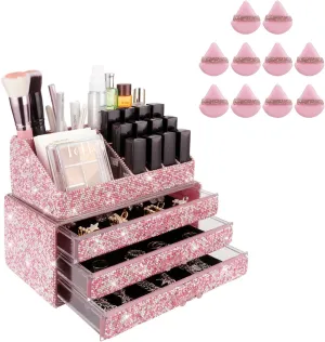 KEYPOWER Modern Makeup Organizers Drawer Bling Diamond 2 Pieces Set & 10 Pieces Soft Face Powder Puff Triangle Makeup Puff Pink