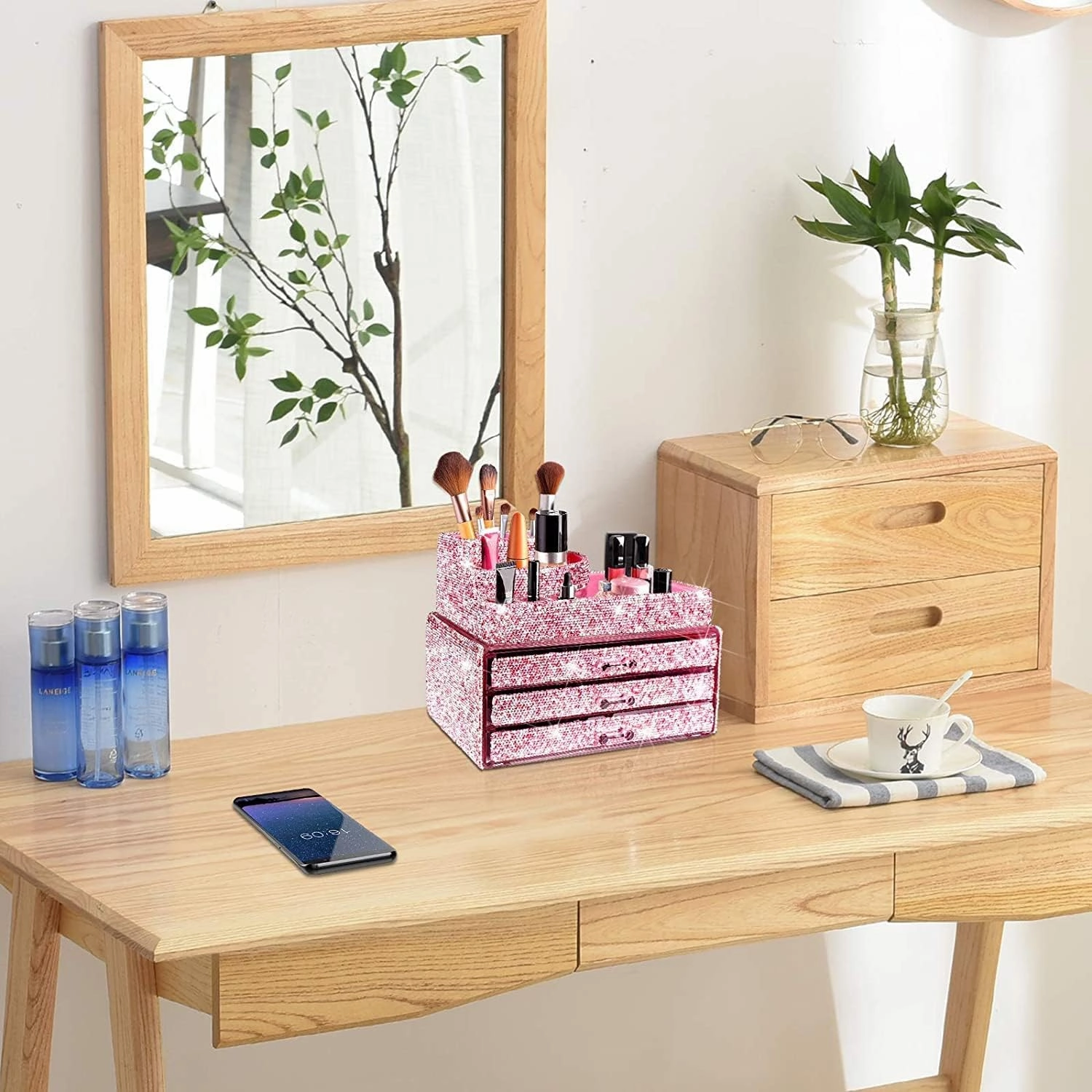 KEYPOWER Makeup Organizers Drawer Bling Diamond,Countertop Jewelry Cosmetic Storage Display Boxes,Makeup Brush Holder,2 Pieces Set(Purely Handmade)(Pink)