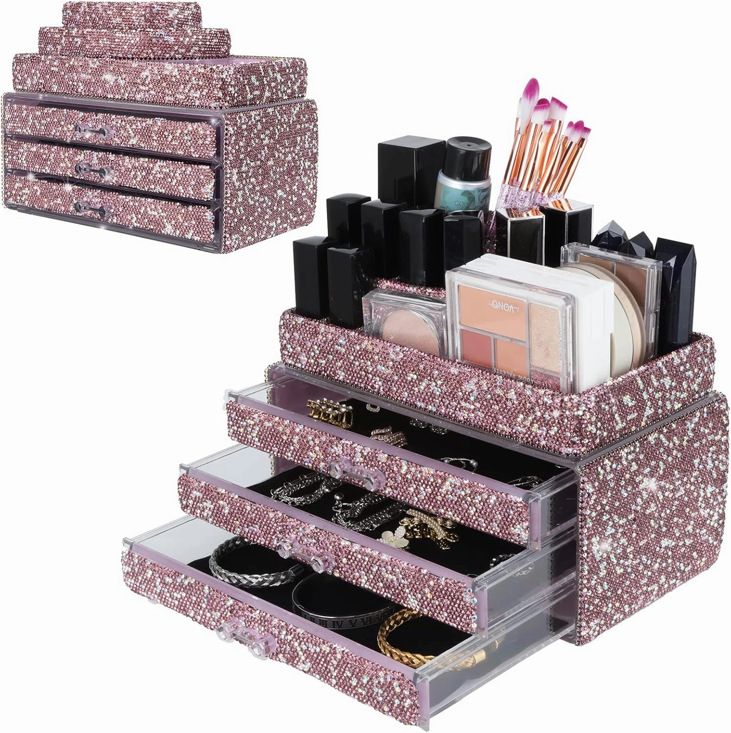 KEYPOWER Makeup Organizers Drawer Bling Diamond,Countertop Jewelry Cosmetic Storage Display Boxes,Makeup Brush Holder,2 Pieces Set(Purely Handmade)(Purple)