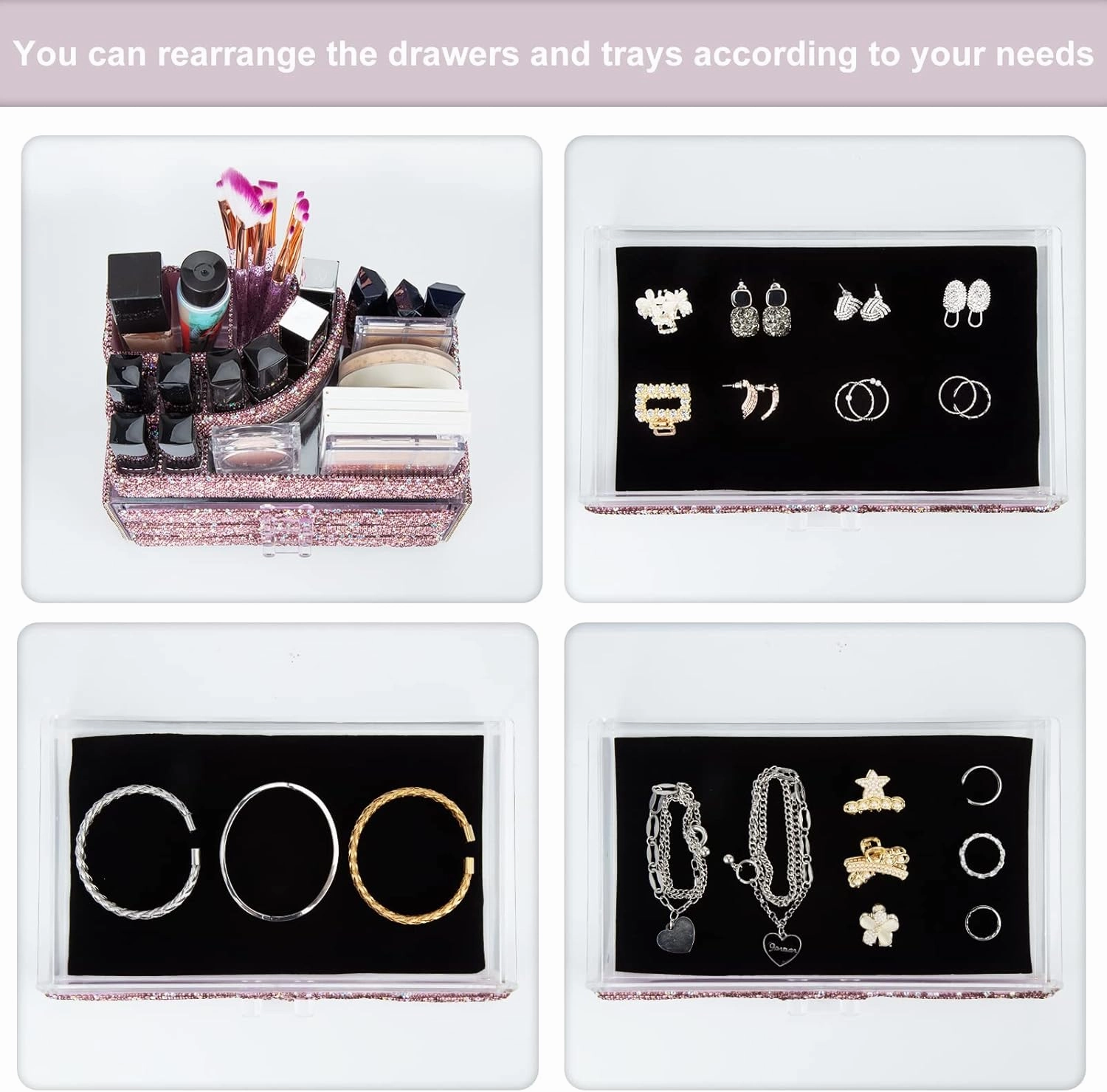 KEYPOWER Makeup Organizers Drawer Bling Diamond,Countertop Jewelry Cosmetic Storage Display Boxes,Makeup Brush Holder,2 Pieces Set(Purely Handmade)(Purple)