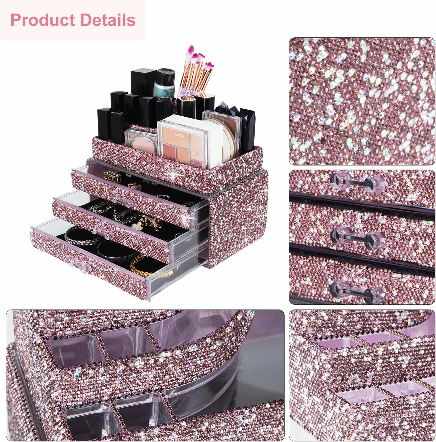 KEYPOWER Makeup Organizers Drawer Bling Diamond,Countertop Jewelry Cosmetic Storage Display Boxes,Makeup Brush Holder,2 Pieces Set(Purely Handmade)(Purple)