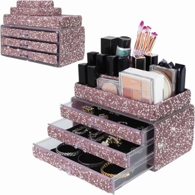 KEYPOWER Makeup Organizers Drawer Bling Diamond,Countertop Jewelry Cosmetic Storage Display Boxes,Makeup Brush Holder,2 Pieces Set(Purely Handmade)(Purple)