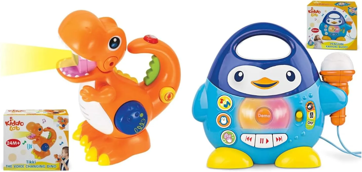 KiddoLab Tikki The Dino & Penguin Karaoke Buddy Combo - Dinosaur Toy with Microphone & Karaoke Machine for Toddlers Ages 18 Months to 4 Years - Music, Lights & Interactive Fun.