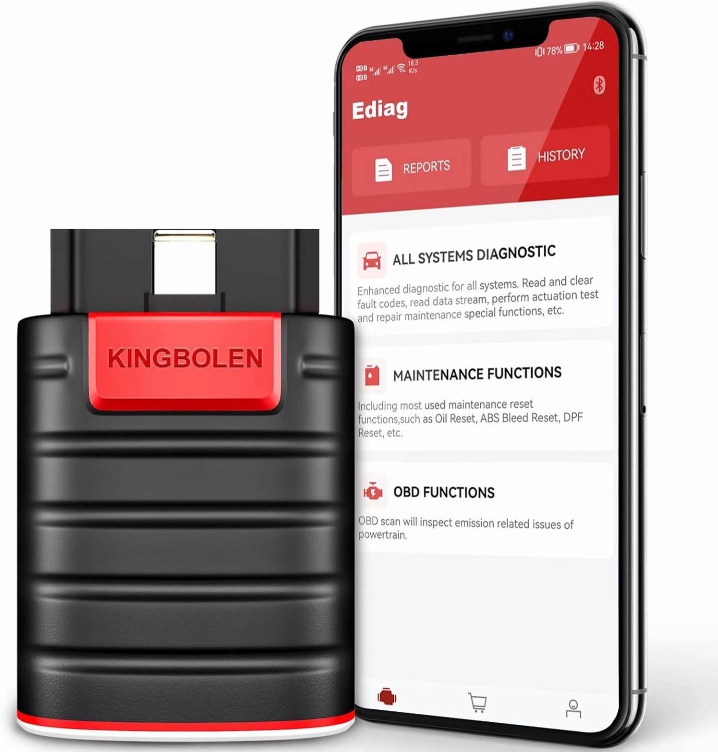 KINGBOLEN Ediag OBD2 Scanner Bluetooth, Bidirectional Scanner All System Diagnostic Tool for iOS & Android, ECU Coding, Active Test,15  Reset Function, FCA AutoAuth, 1 Year Fr-ee Update from Thinkcar