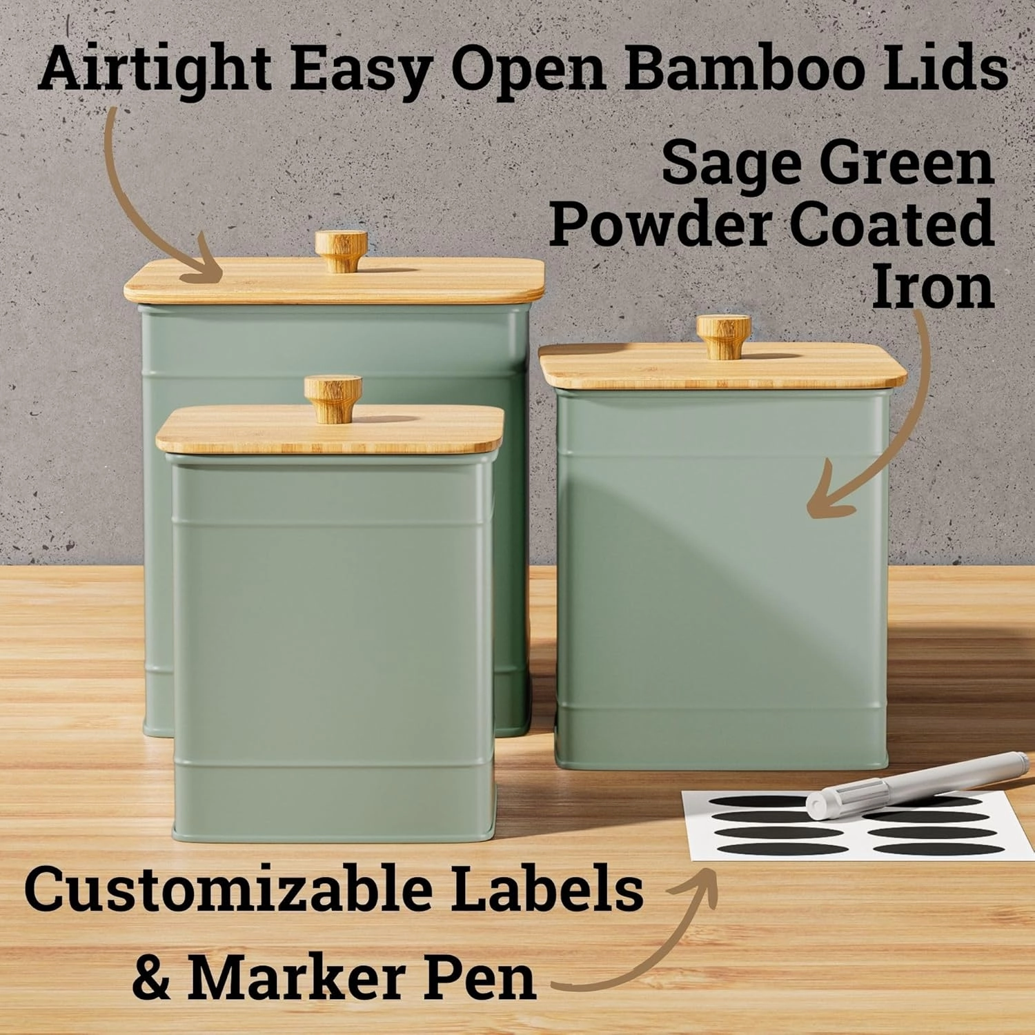 Kitchen Canisters for Countertop Set of 3 with Customizable Chalkboard Labels & Marker Pen - Big Iron Kitchen Canisters with Airtight Lids - Sage Green Canister Set - Flour and Sugar Containers