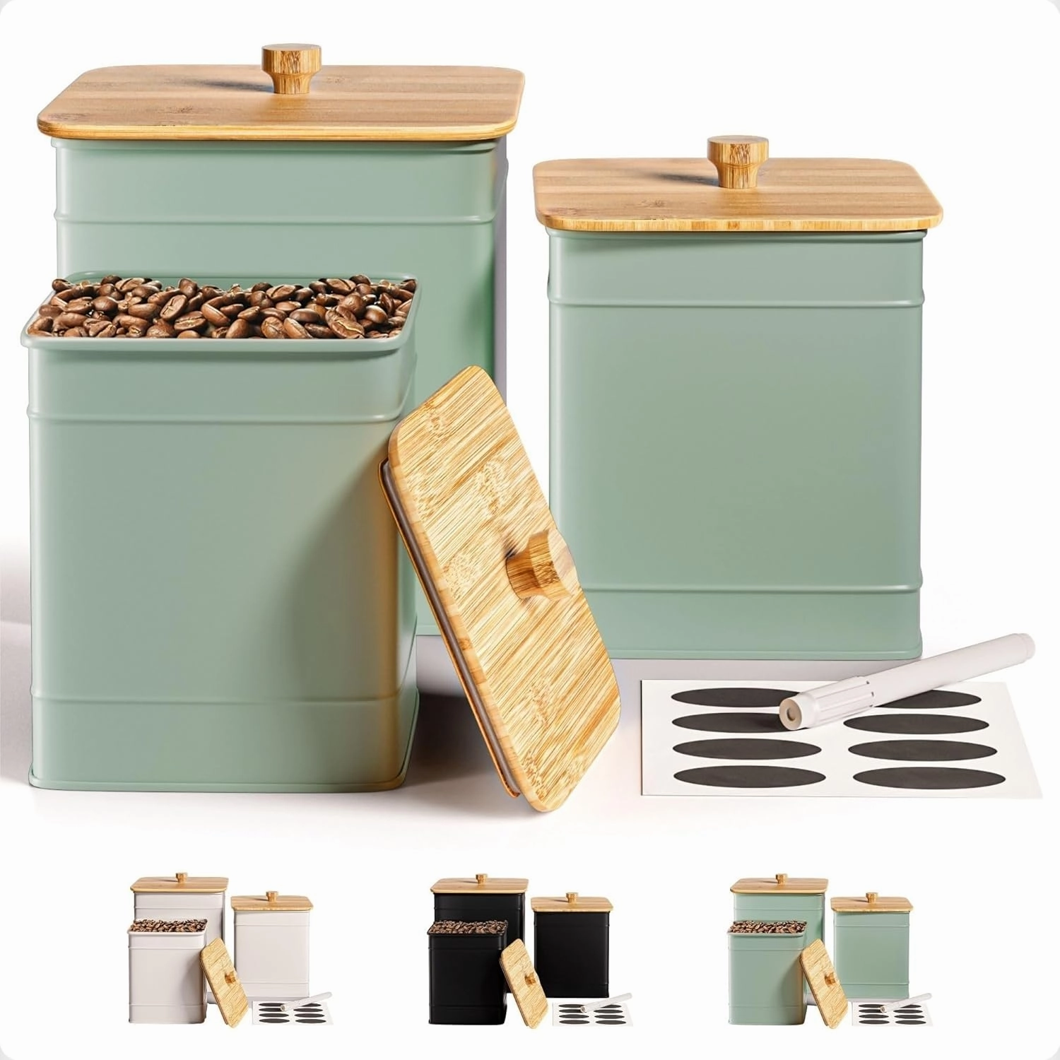 Kitchen Canisters for Countertop Set of 3 with Customizable Chalkboard Labels & Marker Pen - Big Iron Kitchen Canisters with Airtight Lids - Sage Green Canister Set - Flour and Sugar Containers