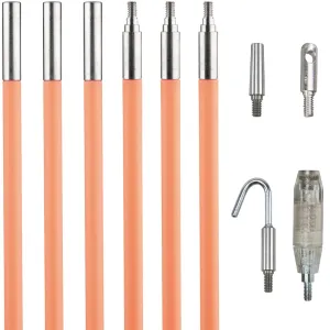 Klein Tools 50303 30-Foot Lo-Flex Glow Fish Rod Set, (6) 5-Foot Fiberglass Rods, Adapter, Bullet Nose, Splinter Guard Coating