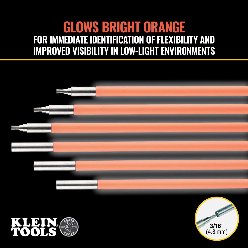 Klein Tools 50303 30-Foot Lo-Flex Glow Fish Rod Set, (6) 5-Foot Fiberglass Rods, Adapter, Bullet Nose, Illuminated Tip, Splinter Guard Coating