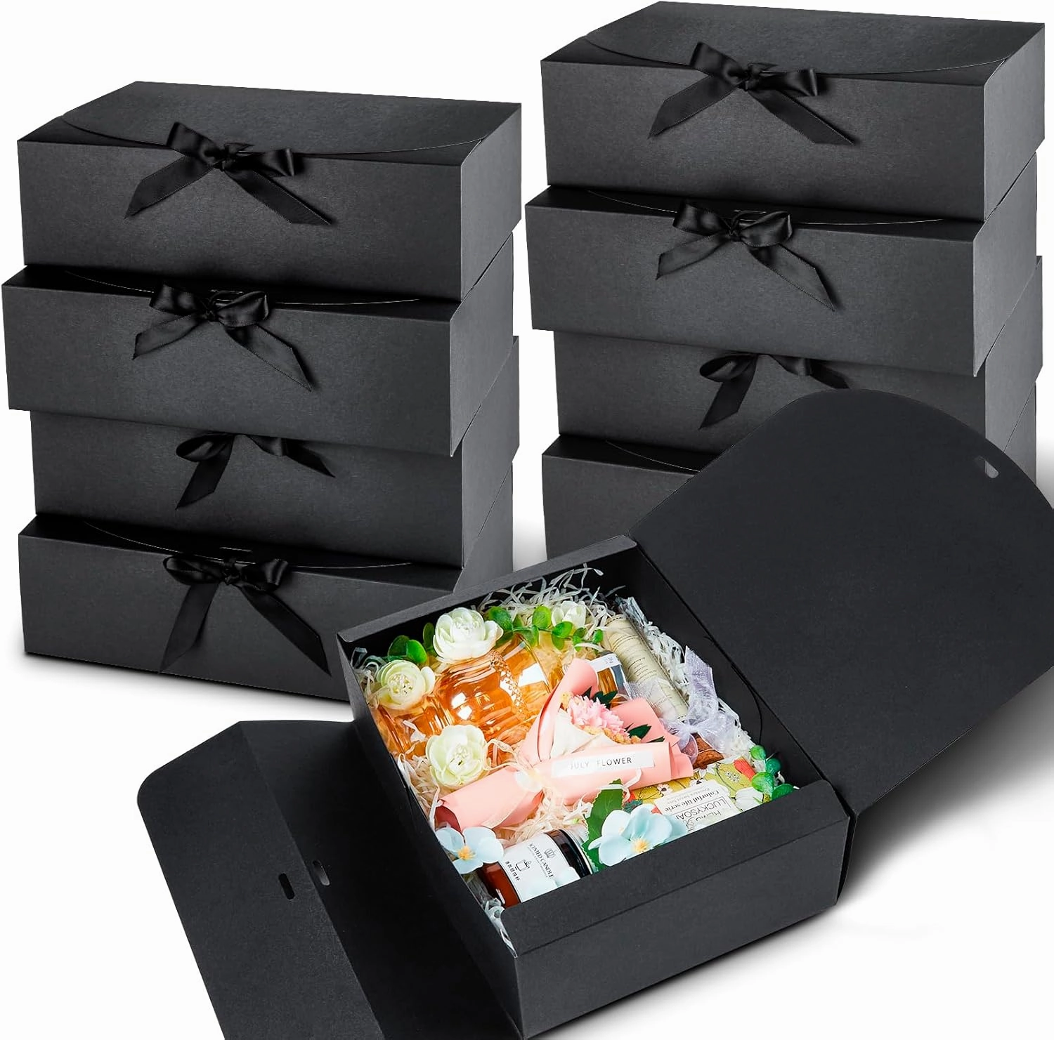 Kucoele 15 PCS Gift Boxes with Lids for Presents, 10.6 x 7.8 x 3.1 Inches Black Bridesmaid Proposal Boxes with Ribbons for Wedding, Birthday, Party and Bride Shower Packaging
