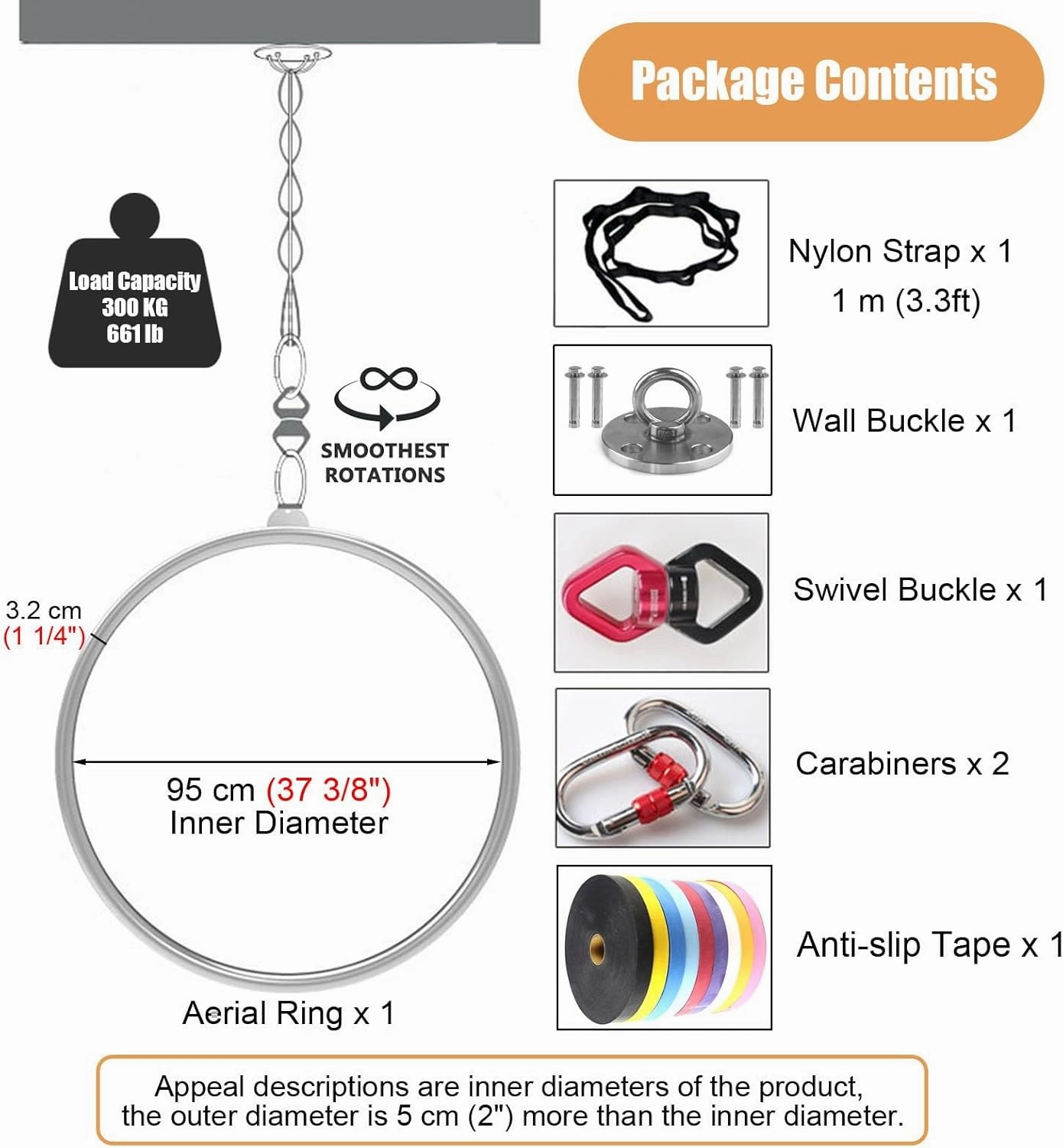 Kunovo Single Point Aerial Yoga Hoop, Lyra Ring Set Include 1 Aerial Hoop, 1 Swivel Buckle, 1 Wall Buckle, 2 Carabiners, 1 Nylon Strap, 1 Anti-Slip Tape