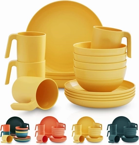 Kyraton Plastic Dinnerware Set of 16 Pieces, Unbreakable And Reusable Light Weight Plates Mugs Bowls Dishes Easy to Carry And Clean Microwave Safe BPA Free Dishwasher Safe Service For 4 (Gold Yellow)