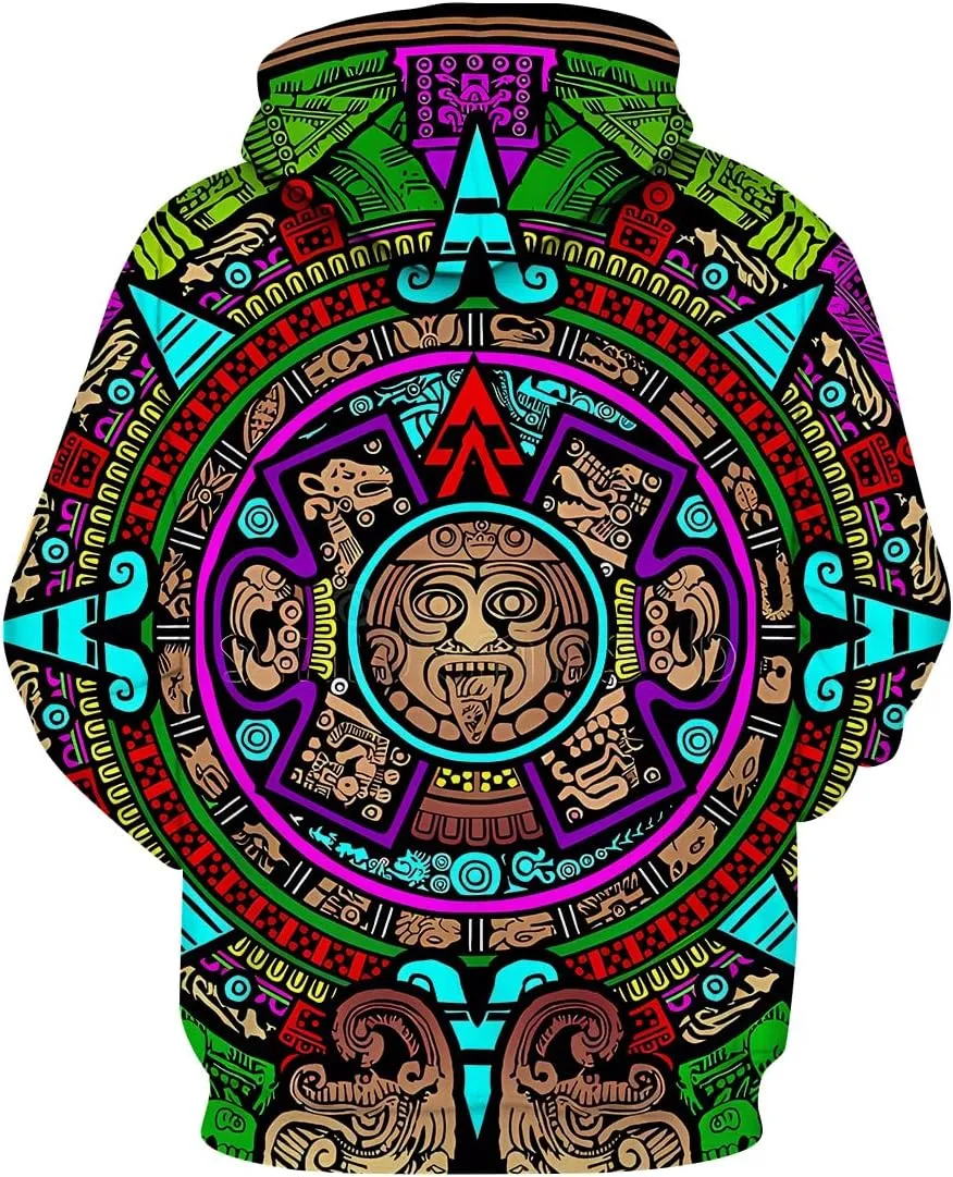 LAOLIUSN Men's Aztec Hoodie with Mayan Totems Design Mexican Themed Printed Sweatshirt