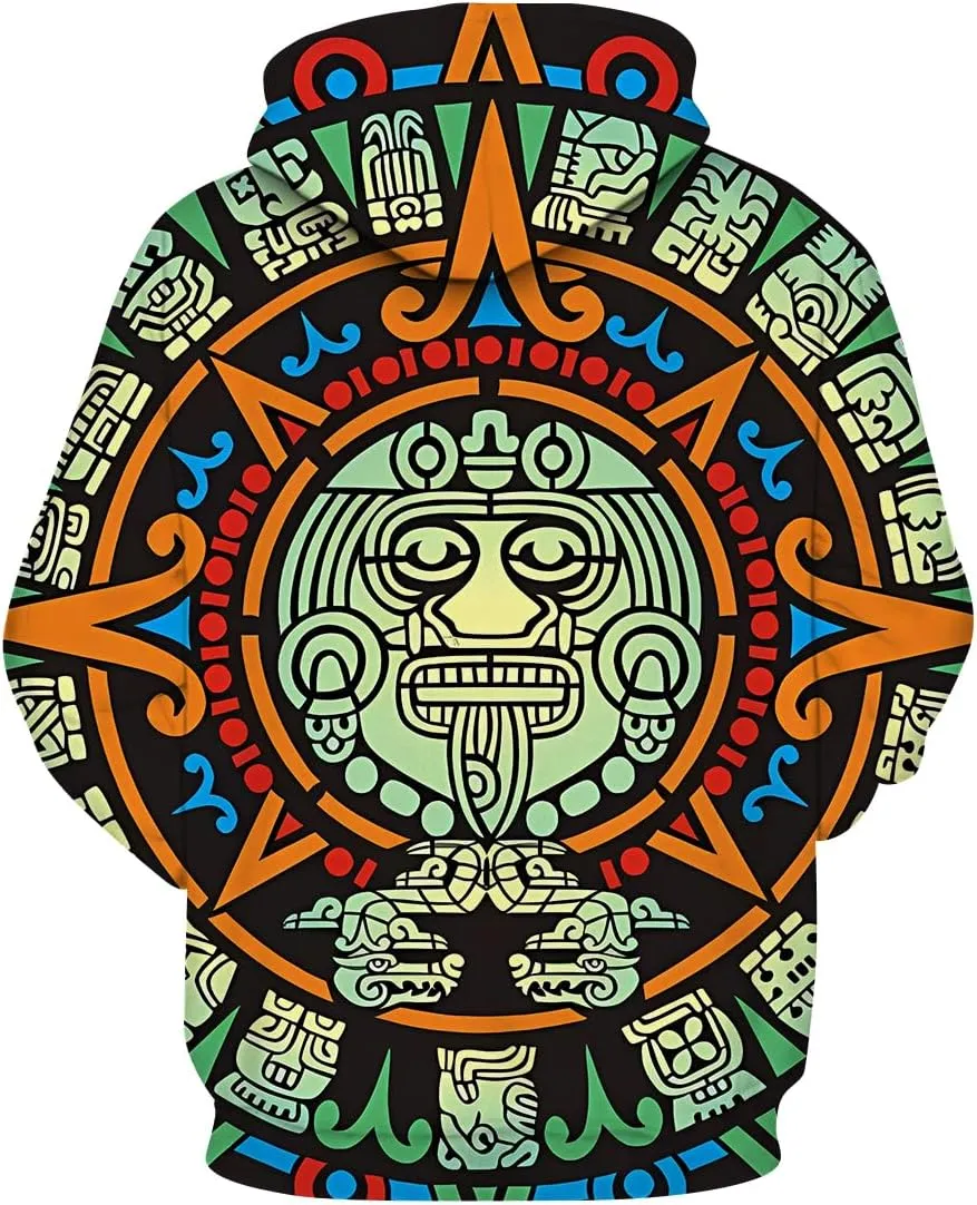 LAOLIUSN Men's Aztec Hoodie with Mayan Totems Design Mexican Themed Printed Sweatshirt