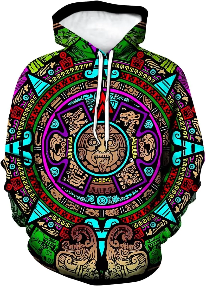 LAOLIUSN Men's Aztec Hoodie with Mayan Totems Design Mexican Themed Printed Sweatshirt