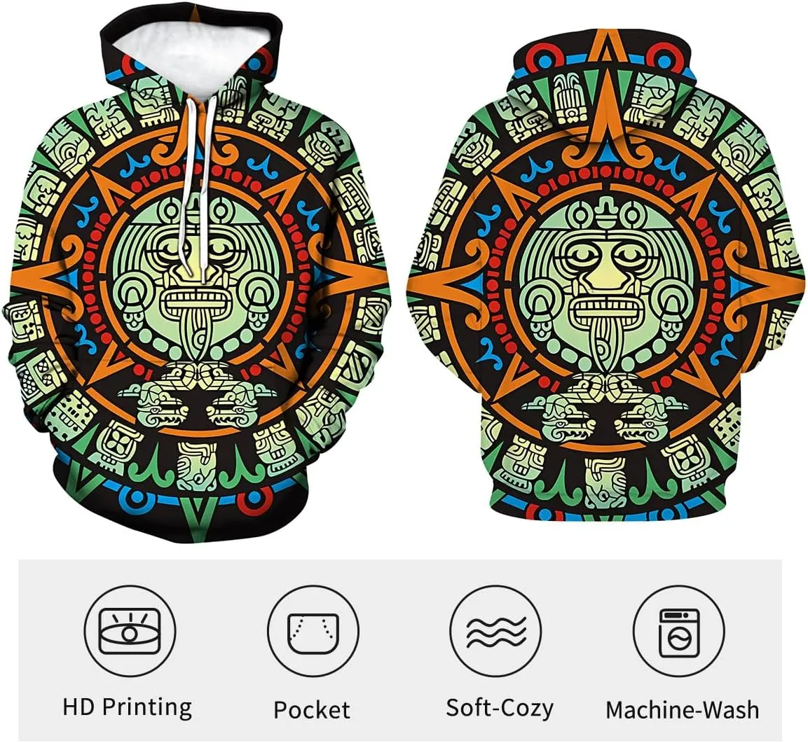 LAOLIUSN Men's Aztec Hoodie with Mayan Totems Design Mexican Themed Printed Sweatshirt