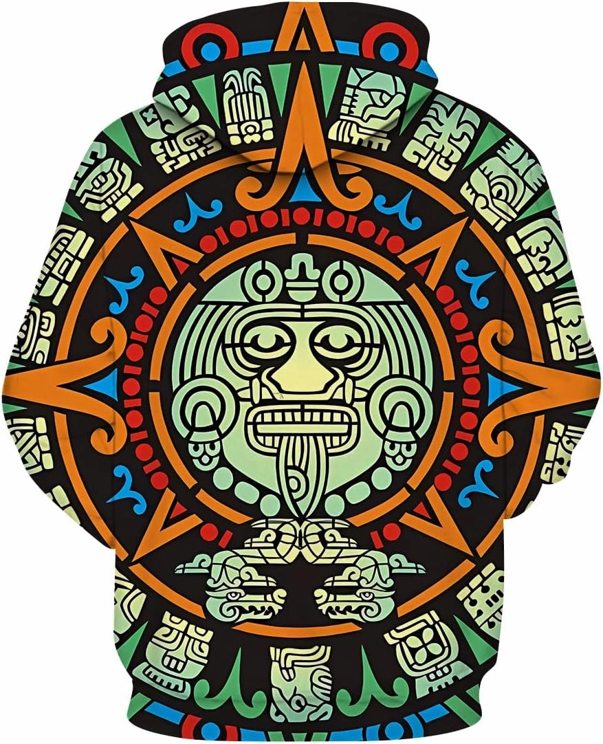 LAOLIUSN Men's Aztec Hoodie with Mayan Totems Design Mexican Themed Printed Sweatshirt