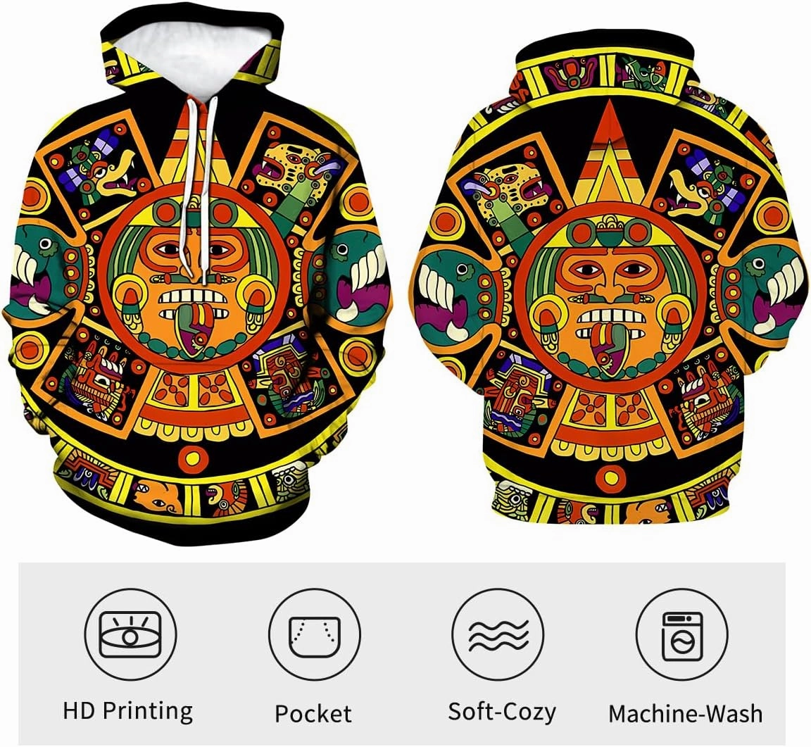 LAOLIUSN Men's Aztec Hoodie with Mayan Totems Design Mexican Themed Printed Sweatshirt