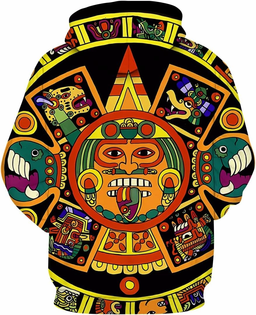 LAOLIUSN Men's Aztec Hoodie with Mayan Totems Design Mexican Themed Printed Sweatshirt