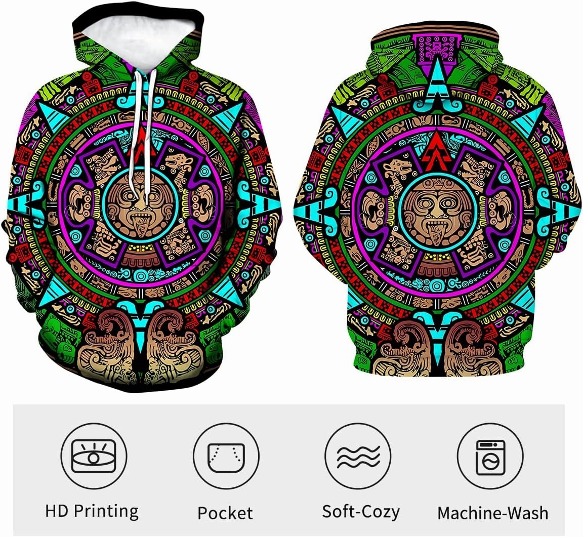 LAOLIUSN Men's Aztec Hoodie with Mayan Totems Design Mexican Themed Printed Sweatshirt