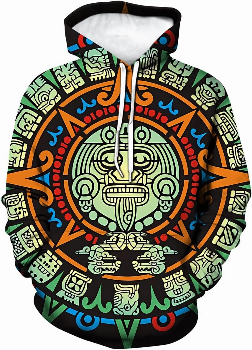 LAOLIUSN Men's Aztec Hoodie with Mayan Totems Design Mexican Themed Printed Sweatshirt