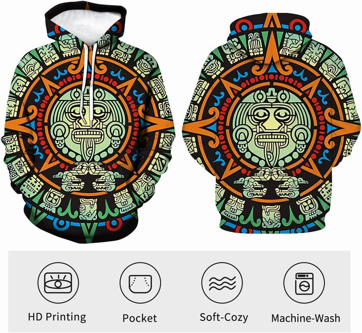 LAOLIUSN Men's Aztec Hoodie with Mayan Totems Design Mexican Themed Printed Sweatshirt