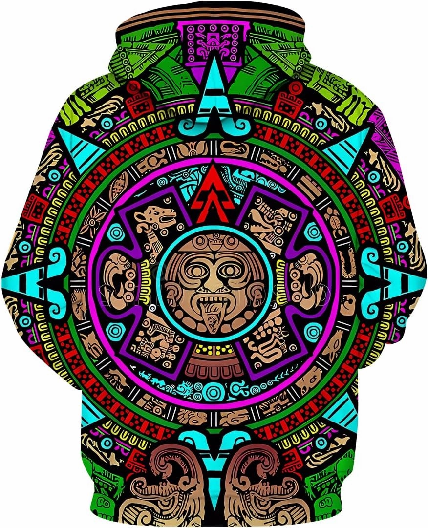 LAOLIUSN Men's Aztec Hoodie with Mayan Totems Design Mexican Themed Printed Sweatshirt