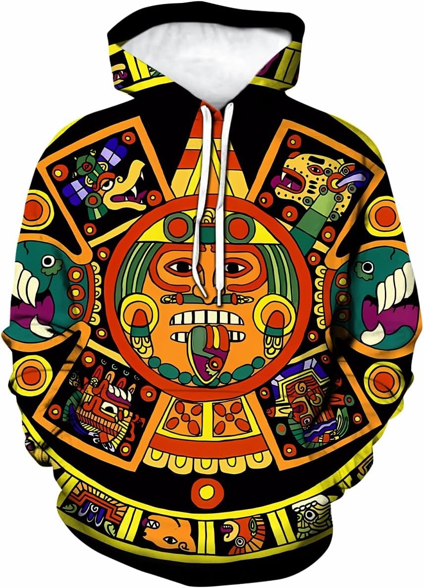 LAOLIUSN Men's Aztec Hoodie with Mayan Totems Design Mexican Themed Printed Sweatshirt