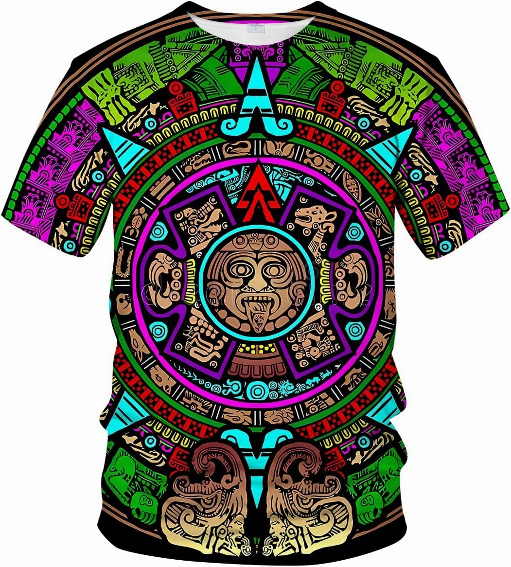 LAOLIUSN Men's Aztec T-Shirt with Mayan Totems Design Mexican Themed Printed Tee
