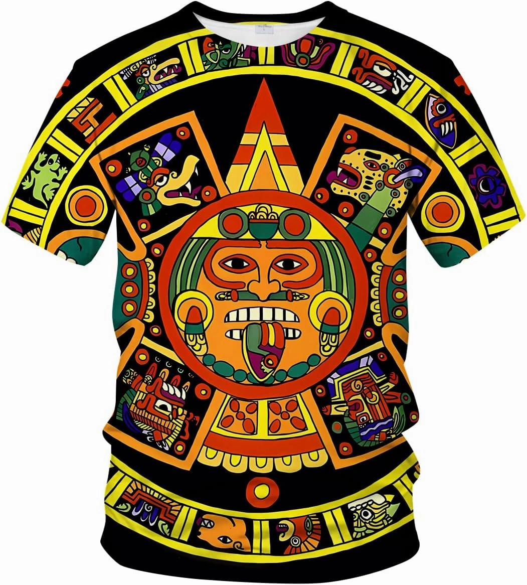 LAOLIUSN Men's Aztec T-Shirt with Mayan Totems Design Mexican Themed Printed Tee