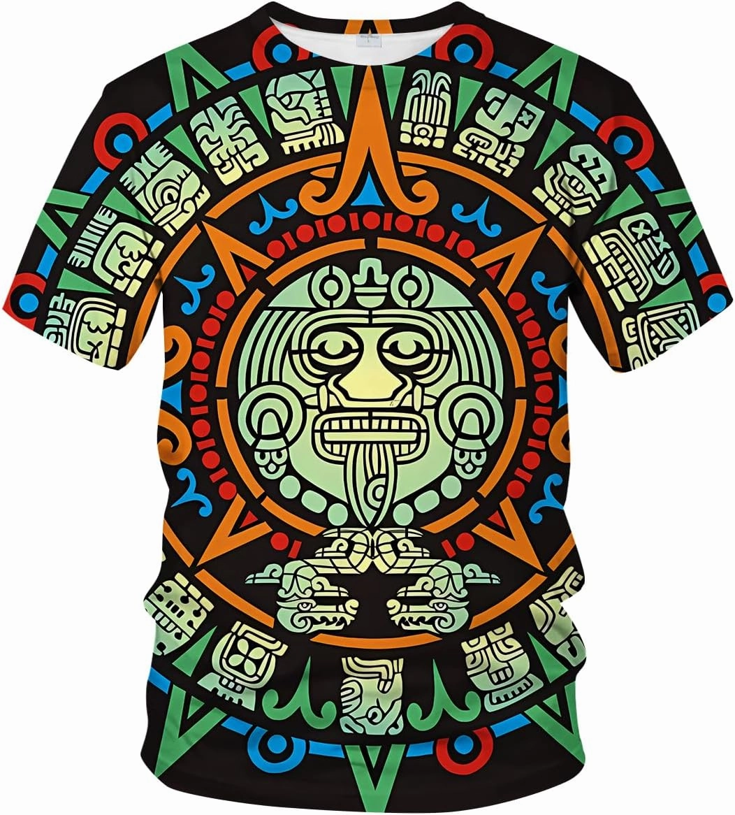 LAOLIUSN Men's Aztec T-Shirt with Mayan Totems Design Mexican Themed Printed Tee