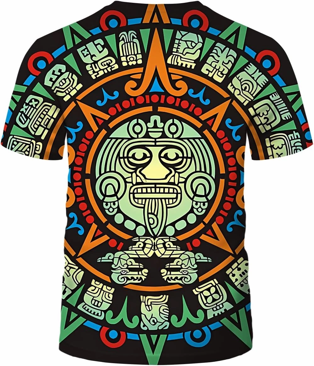 LAOLIUSN Men's Aztec T-Shirt with Mayan Totems Design Mexican Themed Printed Tee