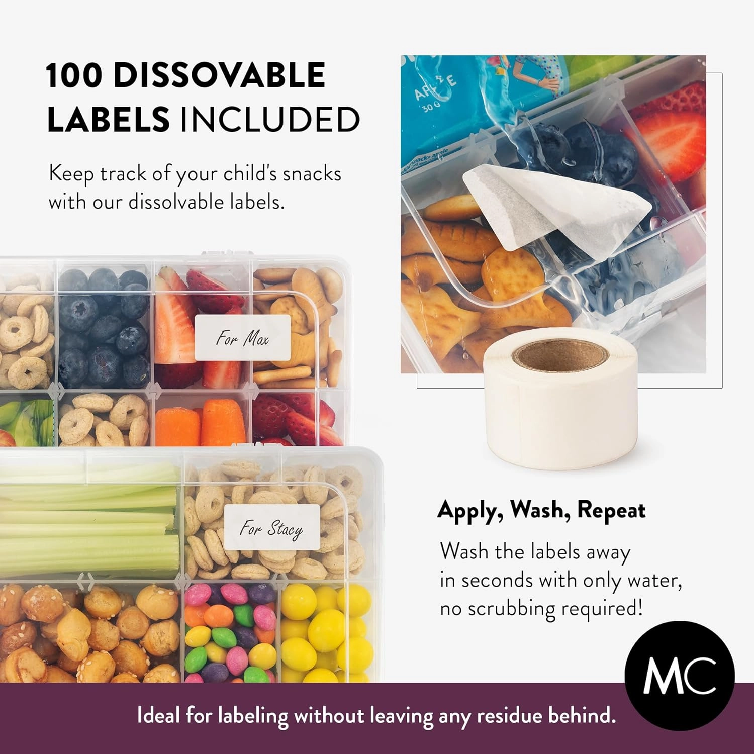 Large Kids Snack Box Containers Set of 2 -100 Labels, BPA-Free, Adjustable Compartments, Dishwasher Safe, Reusable Tray, Food Grade, Meal Prep Container, PARENT TESTED PARENT APPROVED AWARD (Clear)
