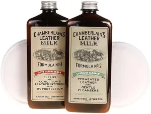 Leather Milk Auto Leather Cleaner & Conditioner Kit (2 Formula Car Detailing Set) - Straight Cleaner No. 2   Auto Refreshener No. 4 - All Natural, Non-Toxic. Made in USA. Includes 2 Detailing Pads!