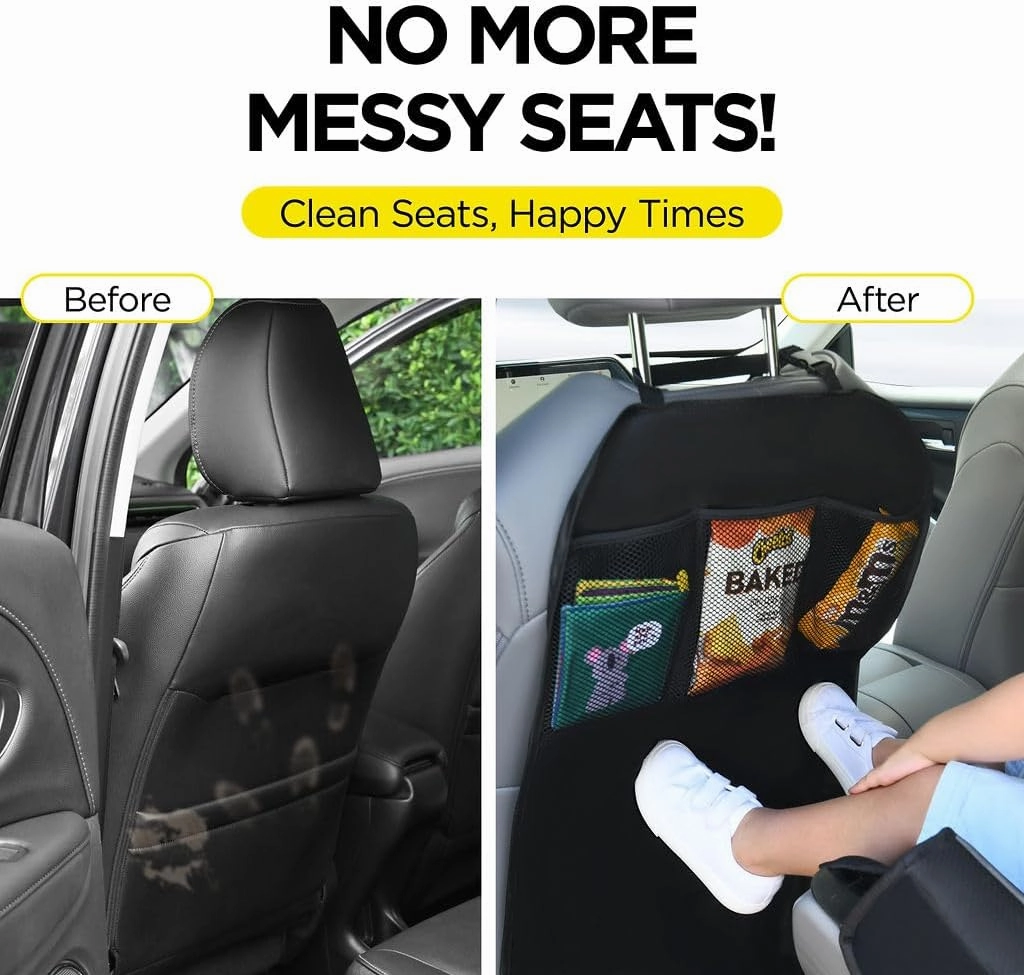 lebogner Back Seat Cover For Kids   3 Pocket Storage Organizer, 2 Pack X-Large Waterproof Kick Mats Backseat Protector, Car Seat Back Protectors For Vehicles To Protect From Dirt, Mud & Scratches