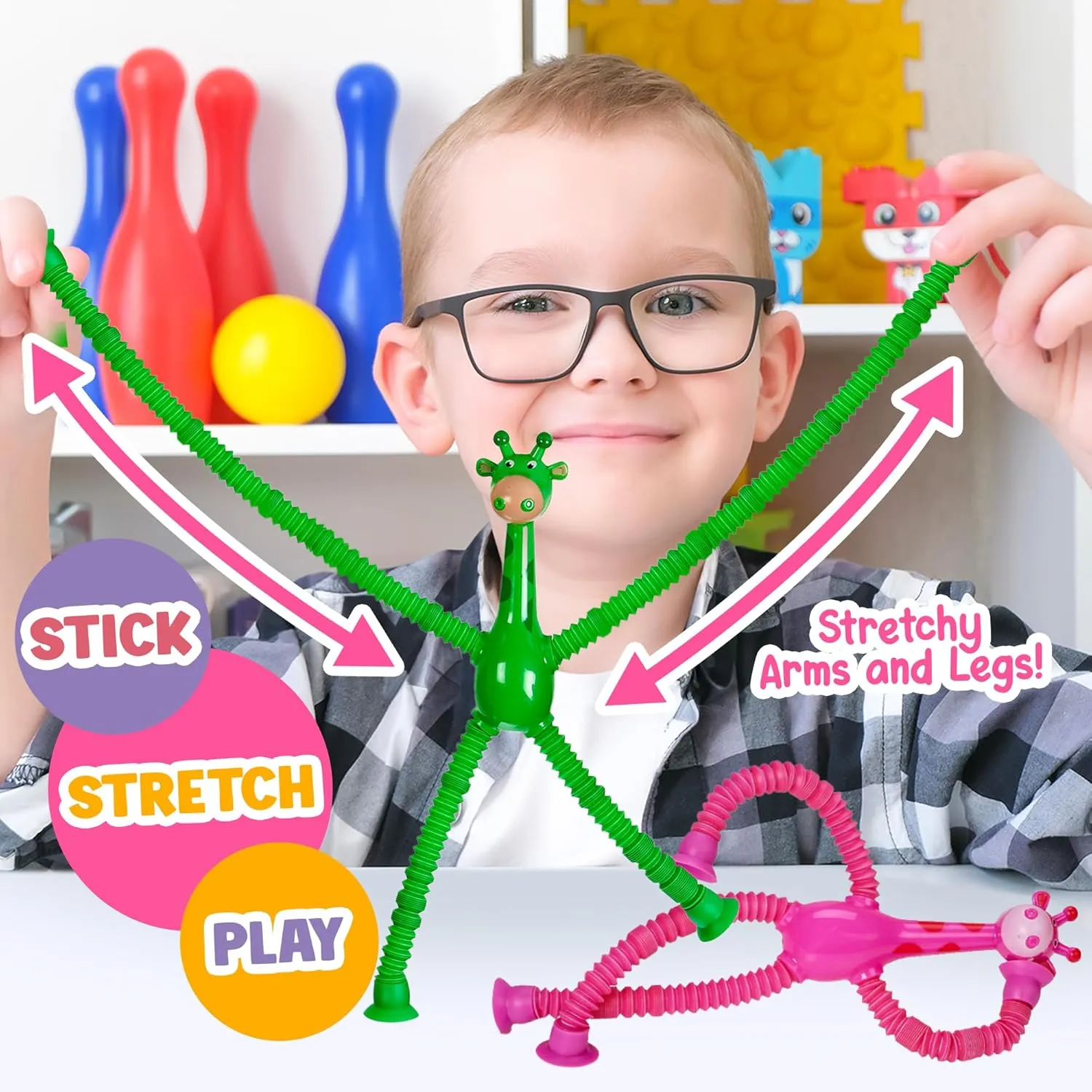 LED Telescopic Suction Cup Giraffe Toys 12PACK Shape Changing Educational Fidget Toys Child Fun Interaction Sensory Toys ADHD Autistic Stimulating Creative Learning - Anxiety Imaginative Play