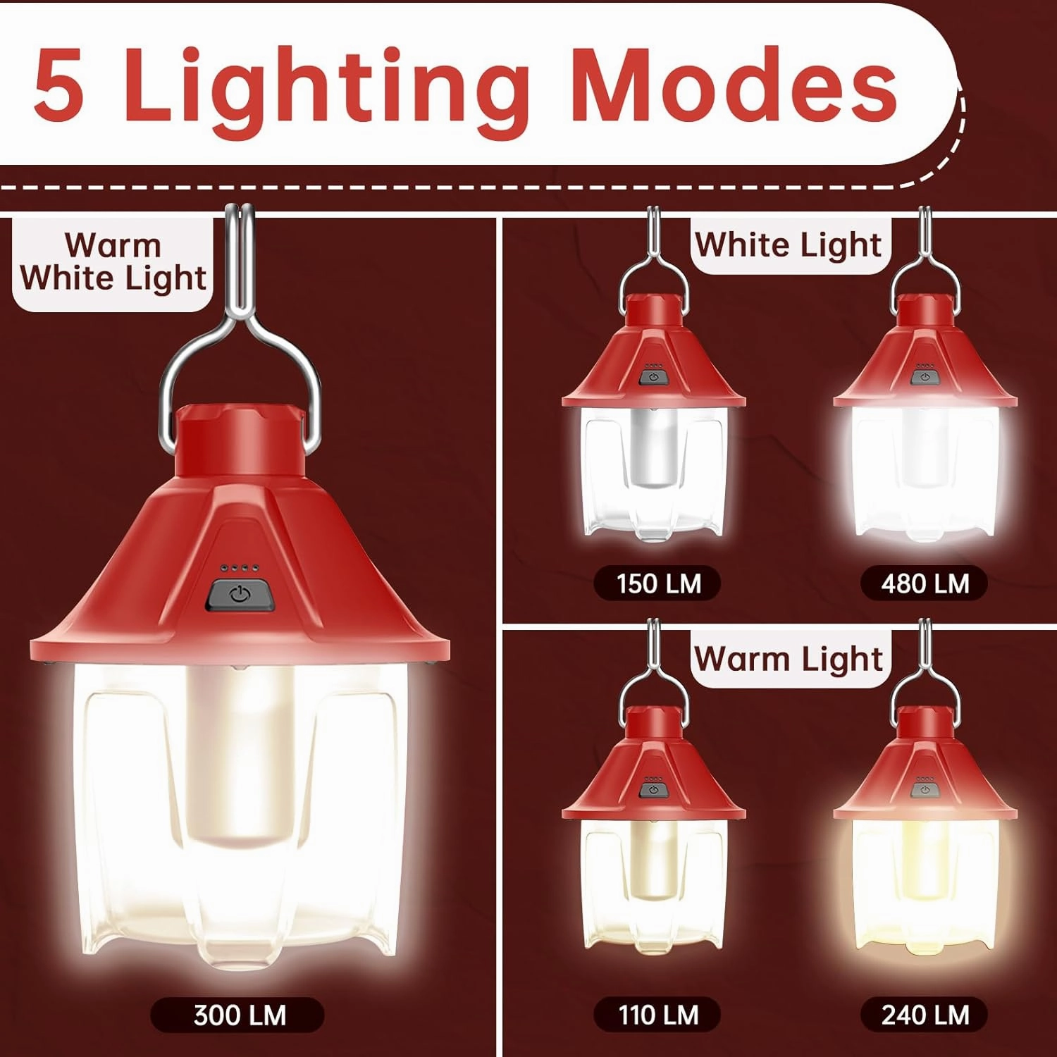 LED Camping Lantern Flashlight Rechargeable, Waterproof Survival Camping Lantern, Portable Tent Light with 5 Light Modes for Hurricane, Hiking, Power Outages (Red)