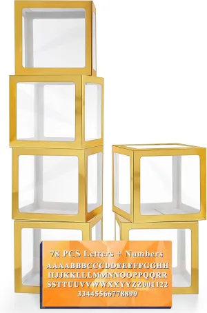 Ledido Gold Transparent Balloon Boxes with 78 Letters, Baby Boxes with Letters for Baby Shower Clear Letter Boxes for Party Graduation Wedding Birthday Baby Shower Decorations 6 PCS