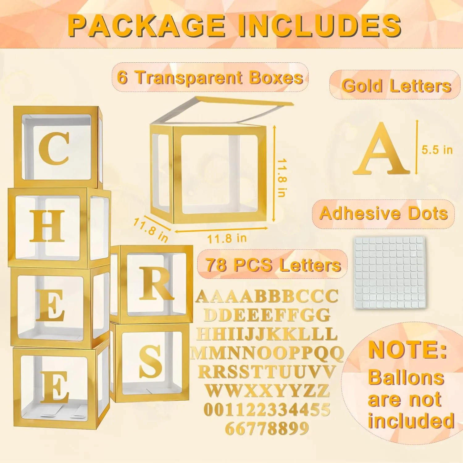 Ledido Gold Transparent Balloon Boxes with 78 Letters, Baby Boxes with Letters for Baby Shower Clear Letter Boxes for Party Graduation Wedding Birthday Baby Shower Decorations 6 PCS