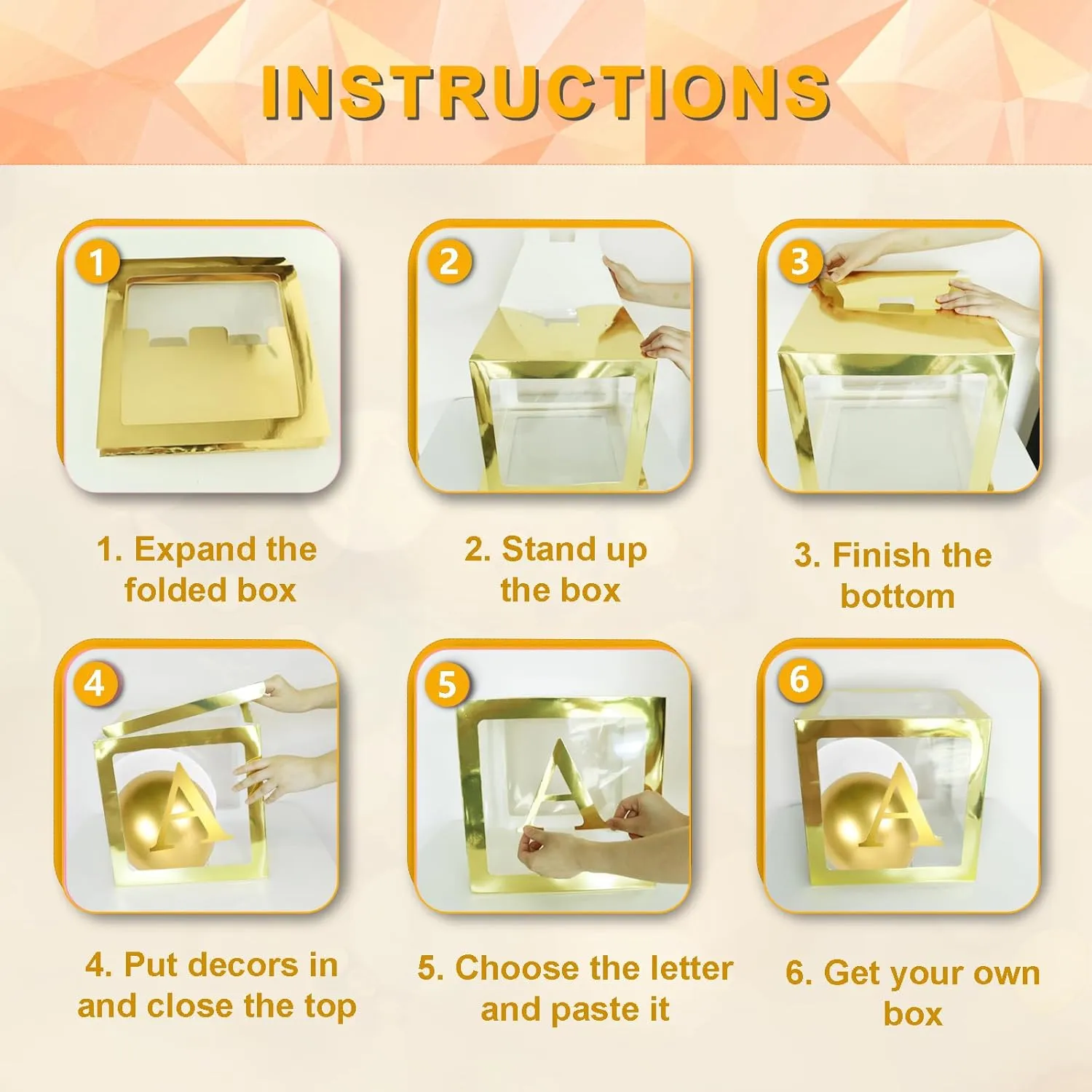 Ledido Gold Transparent Balloon Boxes with 78 Letters, Baby Boxes with Letters for Baby Shower Clear Letter Boxes for Party Graduation Wedding Birthday Baby Shower Decorations 6 PCS