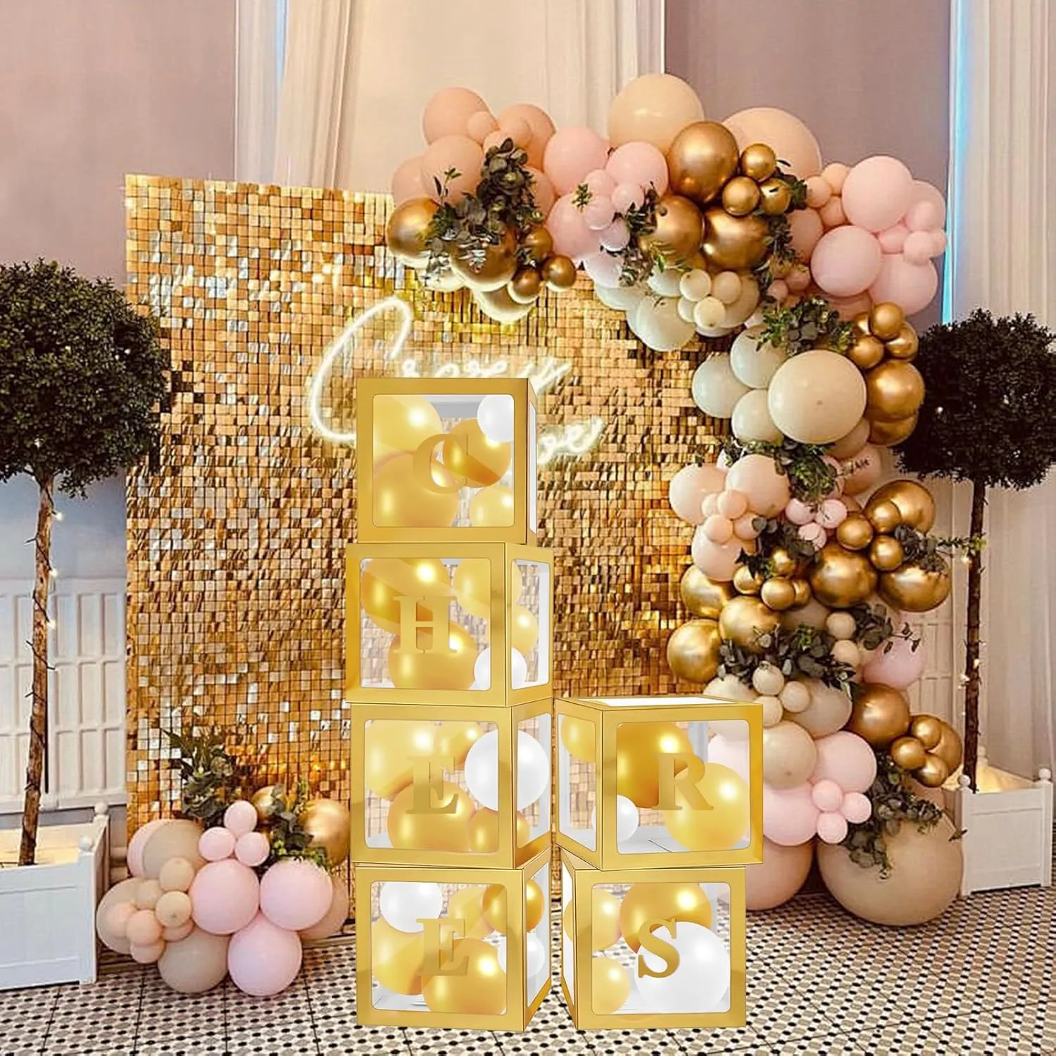 Ledido Gold Transparent Balloon Boxes with 78 Letters, Baby Boxes with Letters for Baby Shower Clear Letter Boxes for Party Graduation Wedding Birthday Baby Shower Decorations 6 PCS