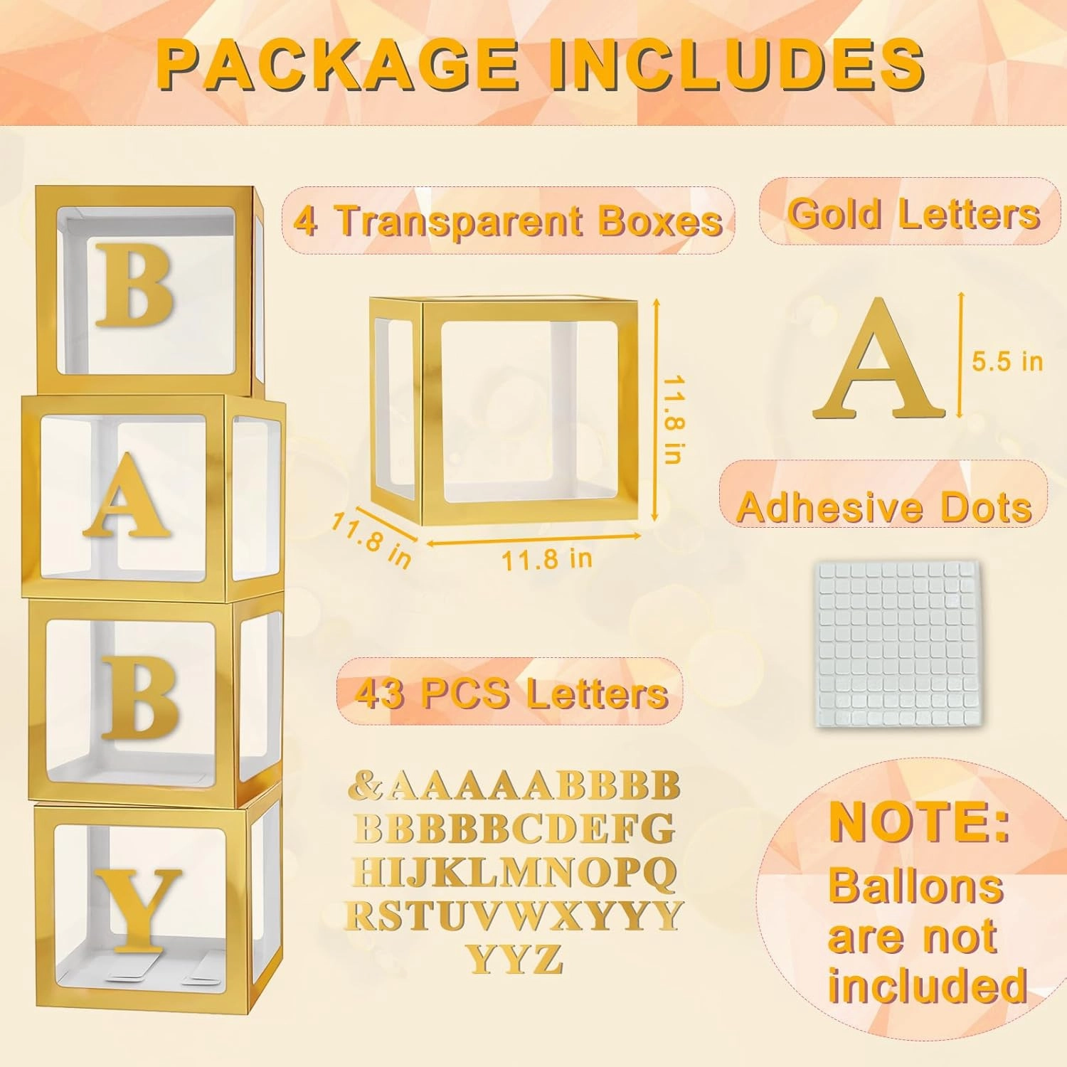 Ledido Gold Baby Boxes with Letters for Baby Shower, 4Pcs Clear Balloon Boxes with 43 Letters for Gender Reveal Birthday Wedding Baby Shower Decorations